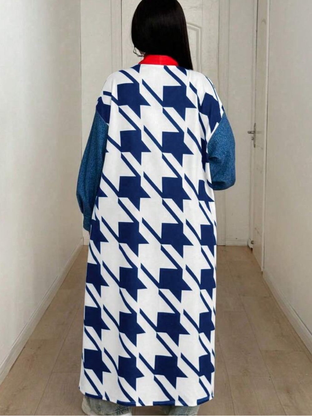 3X NWT Houndstooth color block duster cardigan with denim look SLEEVE kimono - Picture 5 of 7